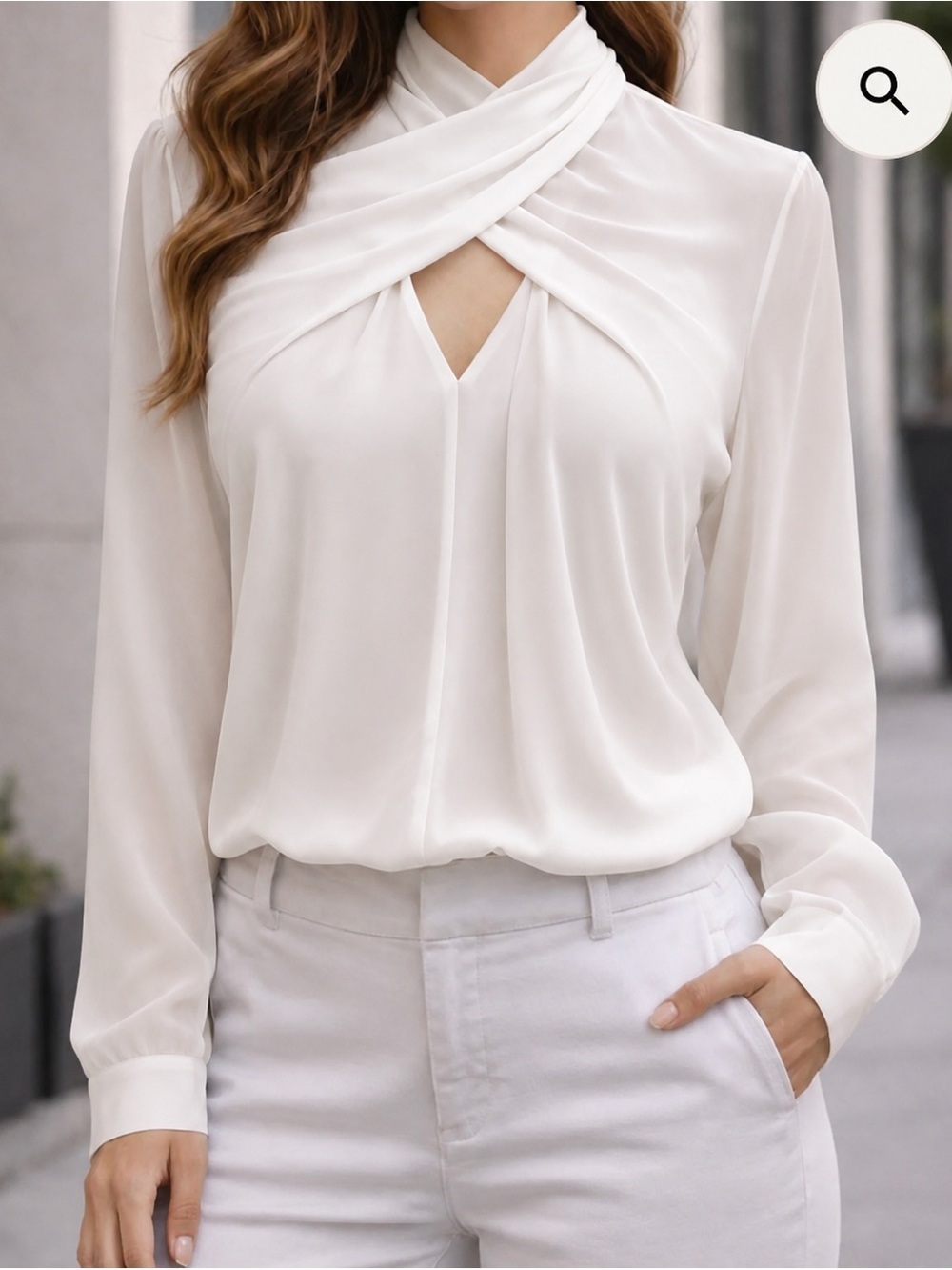 Chelsea and Walker 100% Silk Elegant White Twist-Neck Long-Sleeve Blouse